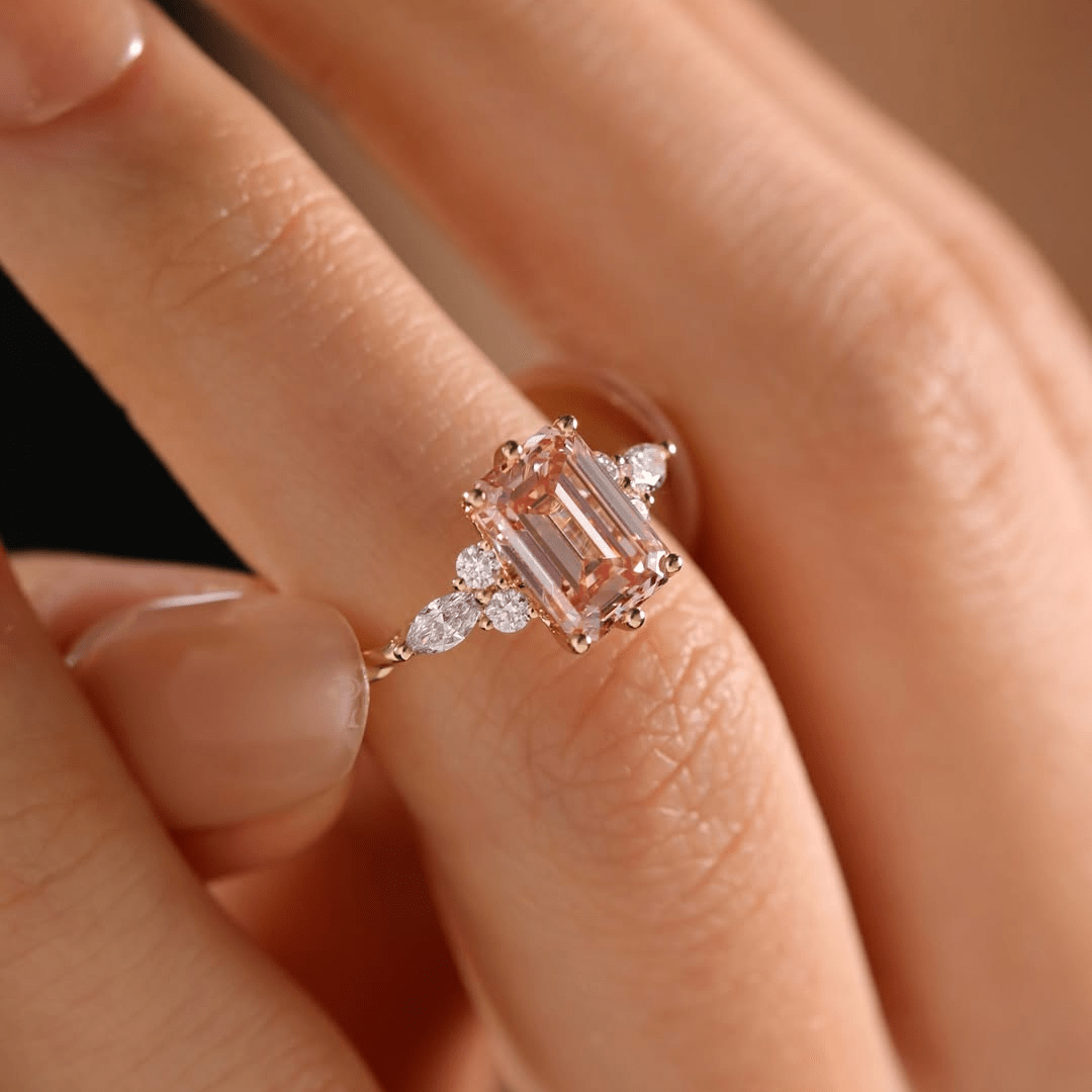 2.0CT Pink Moissanite Emerald Cut Ring with Accents Minimal & Elegant Jewelry - Kazara Diam