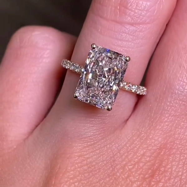 4 CT Radiant Cut Lab Grown Diamond Hidden Halo Ring on Finger