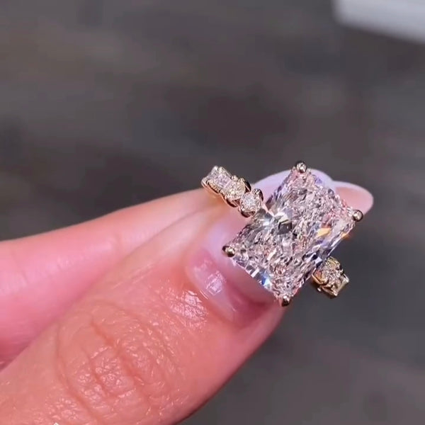 4 CT Radiant Cut Lab Grown Diamond Hidden Halo Ring with Baguette & Round Side Stones