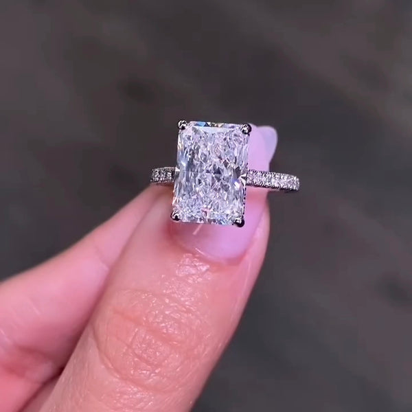 5 CT Radiant Cut Lab Grown Diamond Hidden Halo Pavé Ring Side View