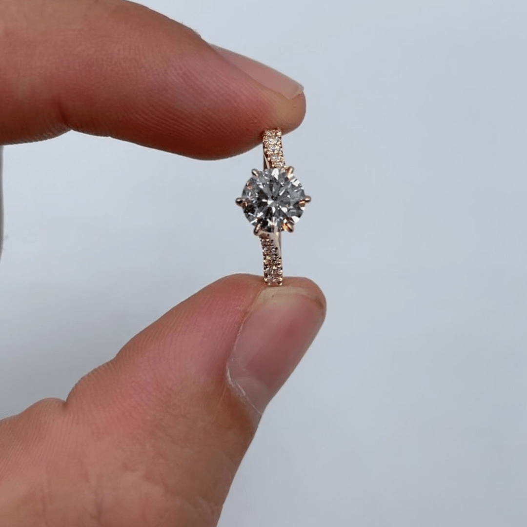 1.0CT Round Cut Moissanite Solitaire Ring with Pavé Band – Classic Engagement Ring - Kazara Diam