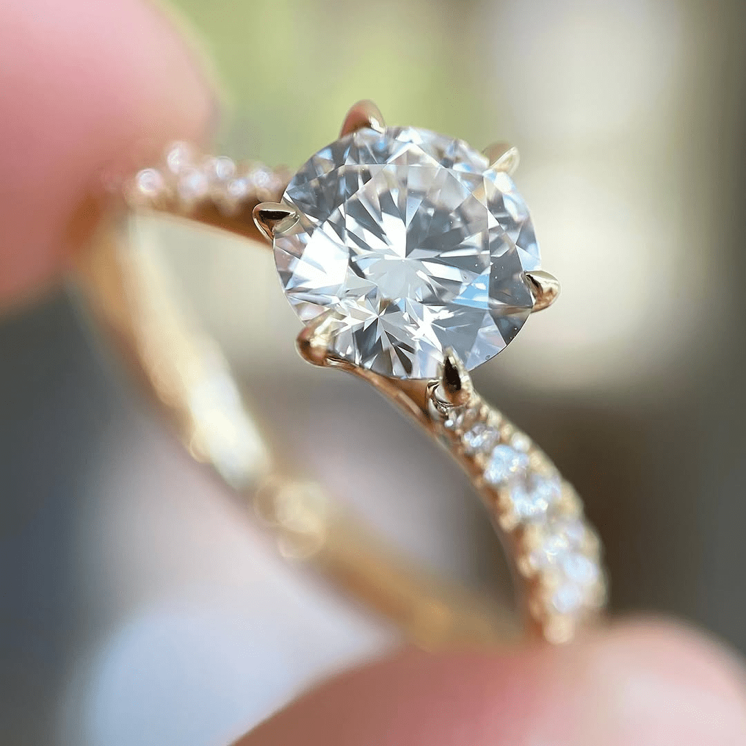 1.0CT Round Cut Moissanite Solitaire Ring with Pavé Band – Classic Engagement Ring - Kazara Diam