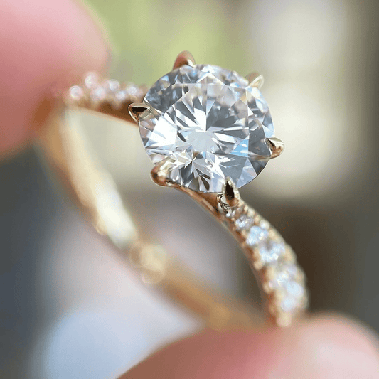 1.0CT Round Cut Moissanite Solitaire Ring with Pavé Band – Classic Engagement Ring - Kazara Diam