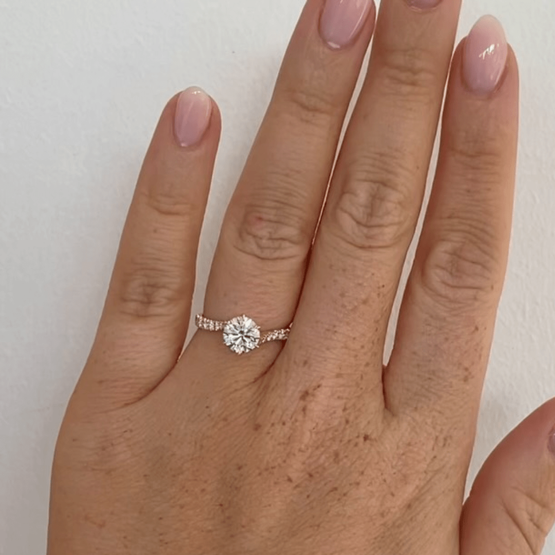 1.0CT Round Cut Moissanite Solitaire Ring with Pavé Band – Classic Engagement Ring - Kazara Diam