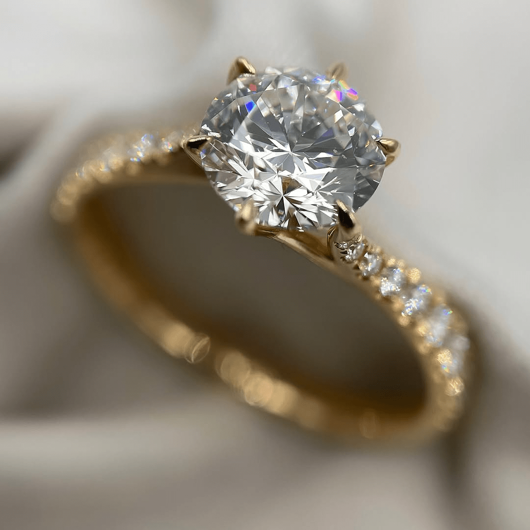 1.0CT Round Cut Moissanite Solitaire Ring with Pavé Band – Classic Engagement Ring - Kazara Diam