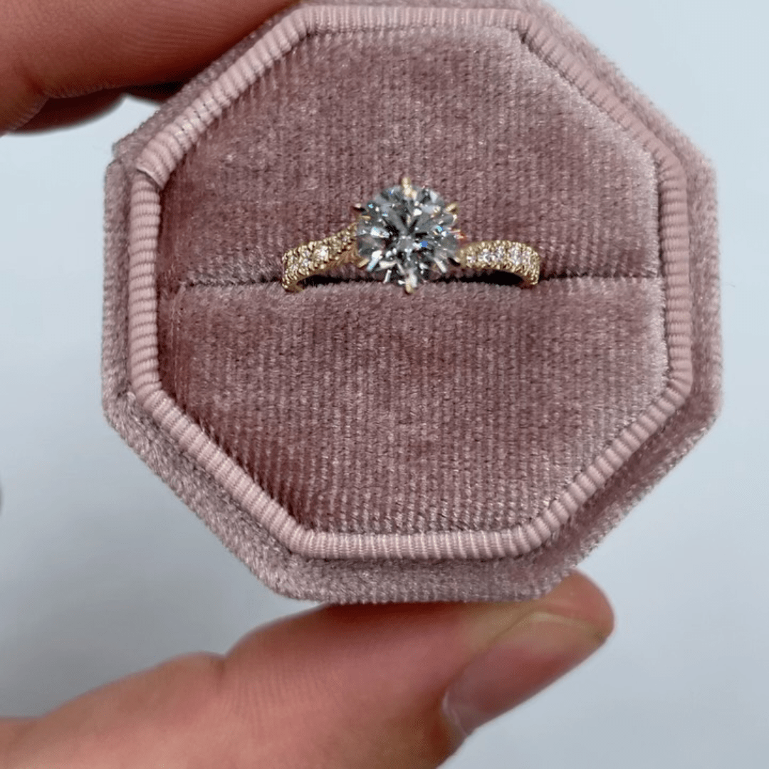 1.0CT Round Cut Moissanite Solitaire Ring with Pavé Band – Classic Engagement Ring - Kazara Diam