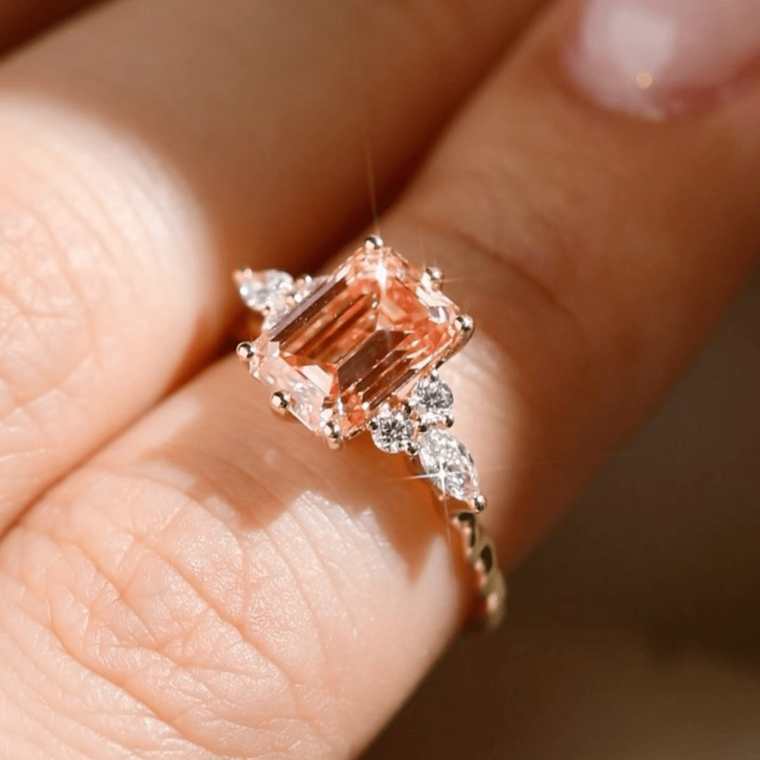 2.0CT Pink Moissanite Emerald Cut Ring with Accents Minimal & Elegant Jewelry - Kazara Diam