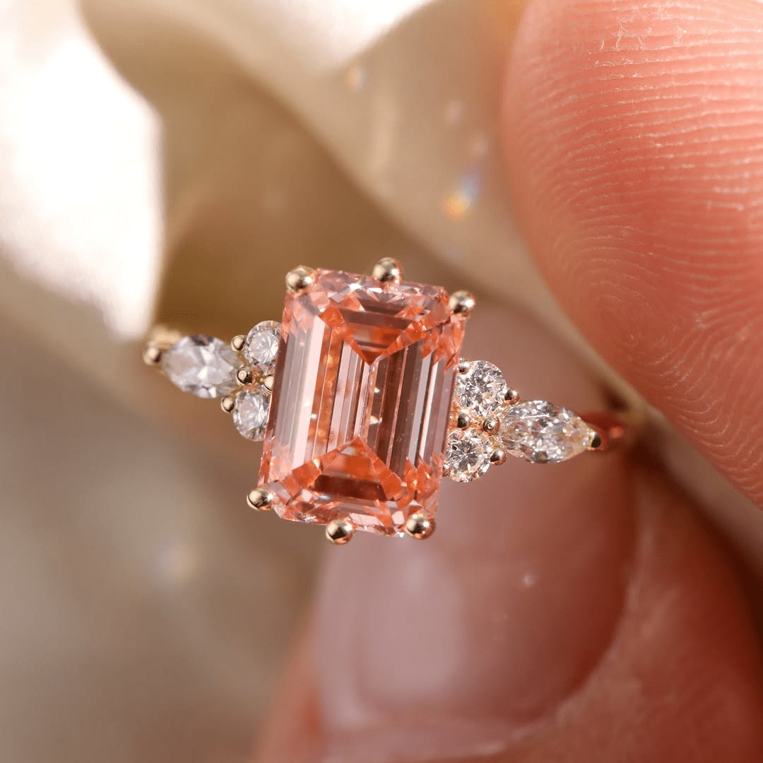 2.0CT Pink Moissanite Emerald Cut Ring with Accents Minimal & Elegant Jewelry - Kazara Diam