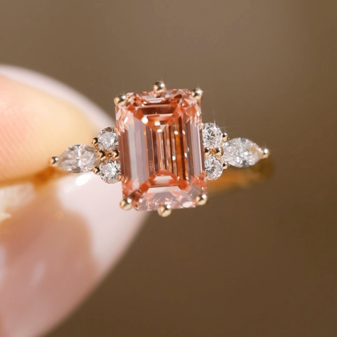 2.0CT Pink Moissanite Emerald Cut Ring with Accents Minimal & Elegant Jewelry - Kazara Diam
