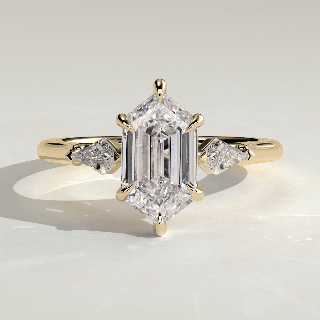 2.5 CT Dutch Hexagon 6 Claw Trilogy with Kite Side Stones Moissanite Engagement Ring - Kazara Diam