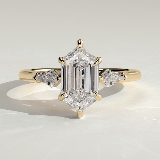 2.5 CT Dutch Hexagon 6 Claw Trilogy with Kite Side Stones Moissanite Engagement Ring - Kazara Diam