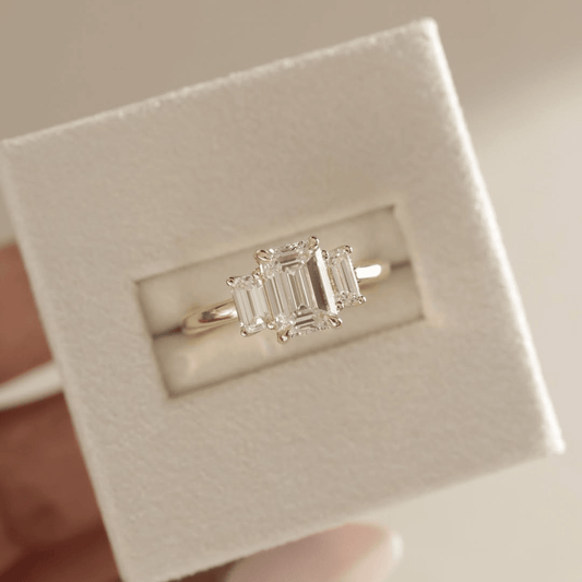 2.5 CT Emerald Cut Three Stone Moissanite Engagement Wedding Anniversary Ring - Kazara Diam