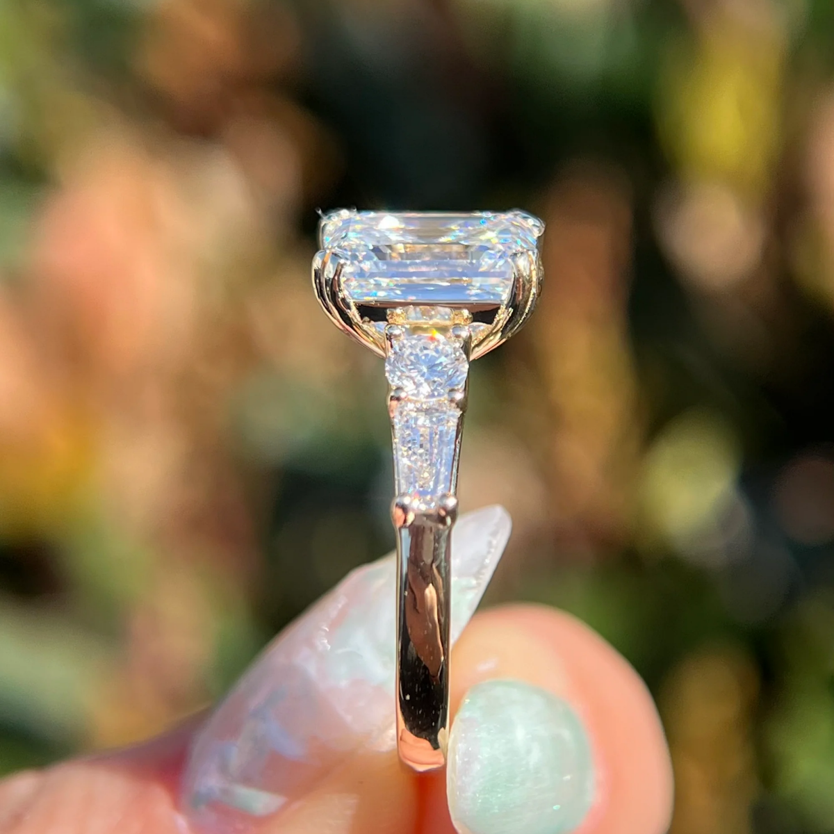 2.5 CT Imperial Emerald Cut Moissanite Three-Stone Ring Modern Heirloom Design - Kazara Diam