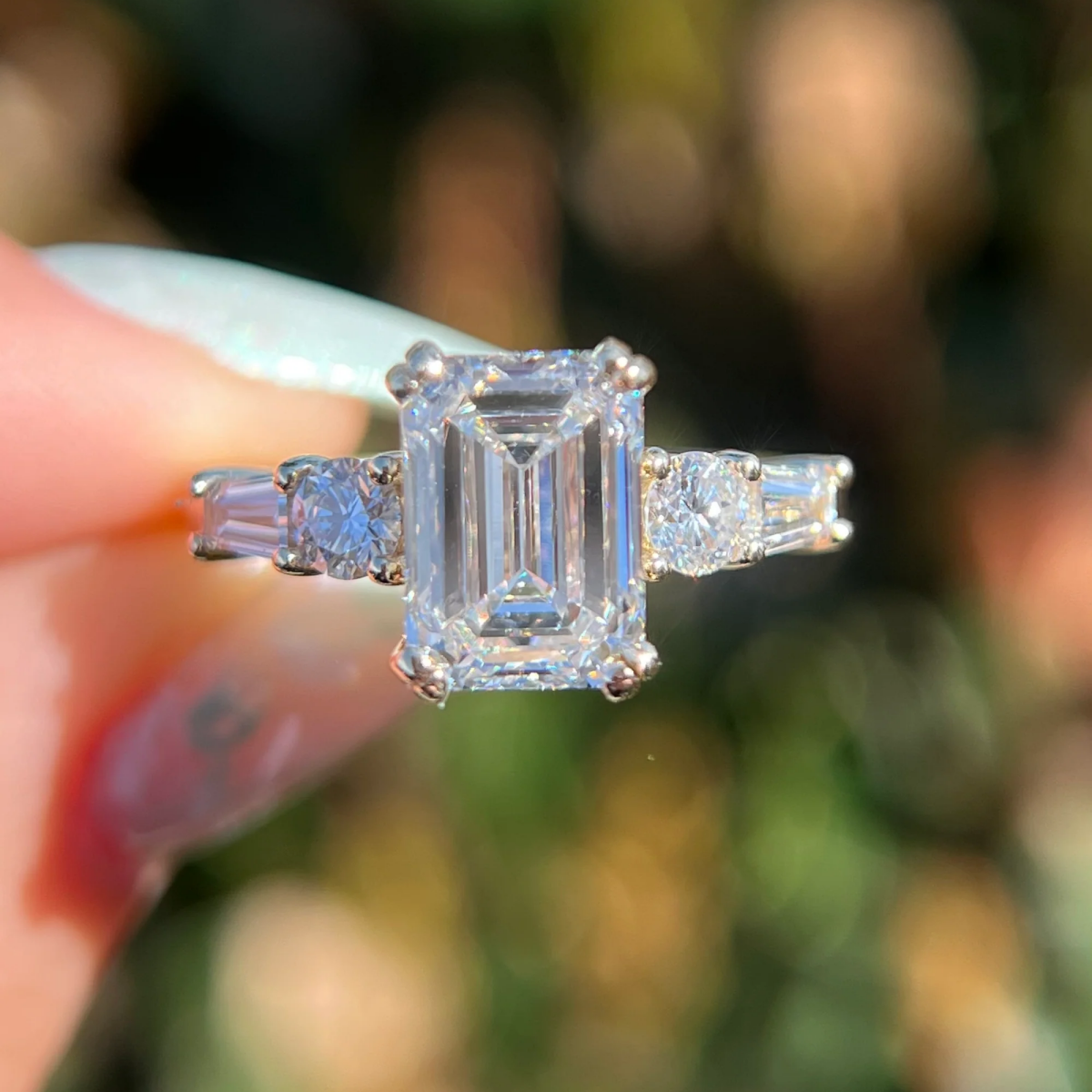 2.5 CT Imperial Emerald Cut Moissanite Three-Stone Ring Modern Heirloom Design - Kazara Diam