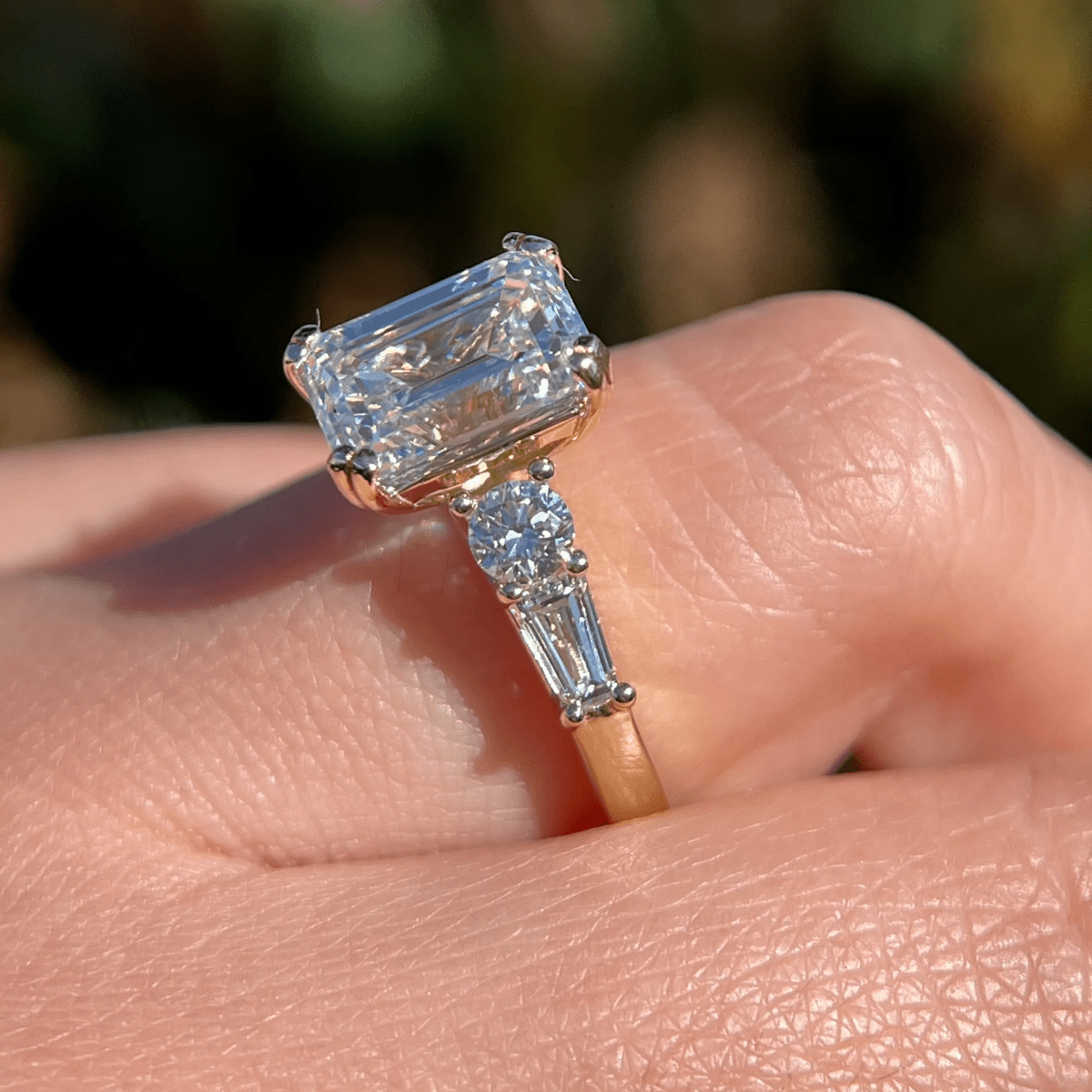 2.5 CT Imperial Emerald Cut Moissanite Three-Stone Ring Modern Heirloom Design - Kazara Diam
