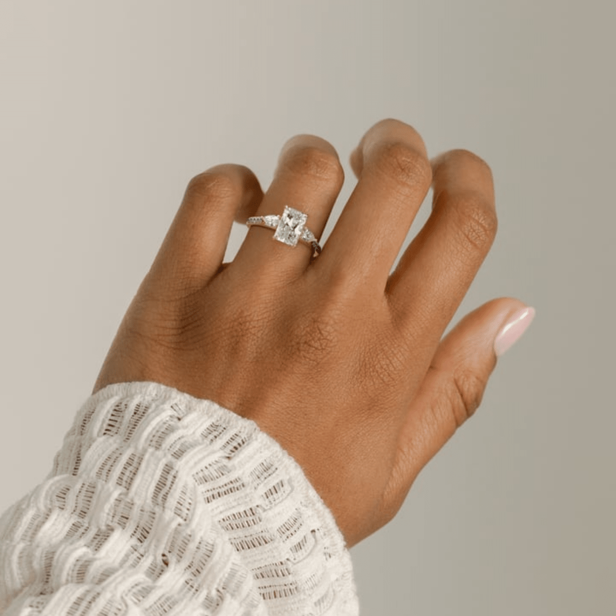 2.5 CT Radiant Three Stone Trilogy Moissanite Engagement Ring with Pear Side Stones & Pavé Band - Kazara Diam