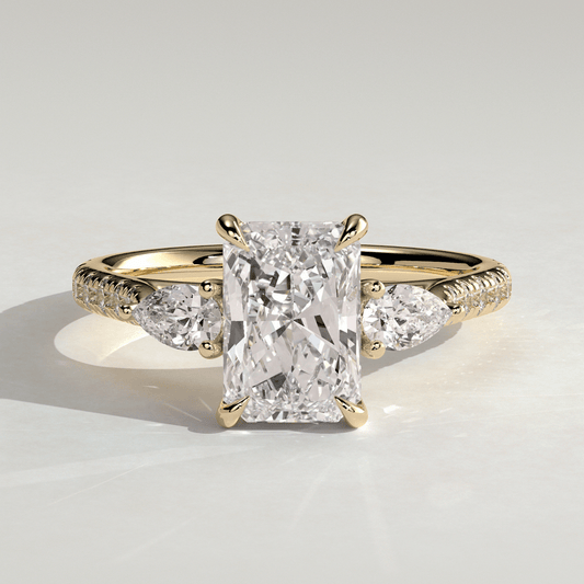 2.5 CT Radiant Three Stone Trilogy Moissanite Engagement Ring with Pear Side Stones & Pavé Band - Kazara Diam