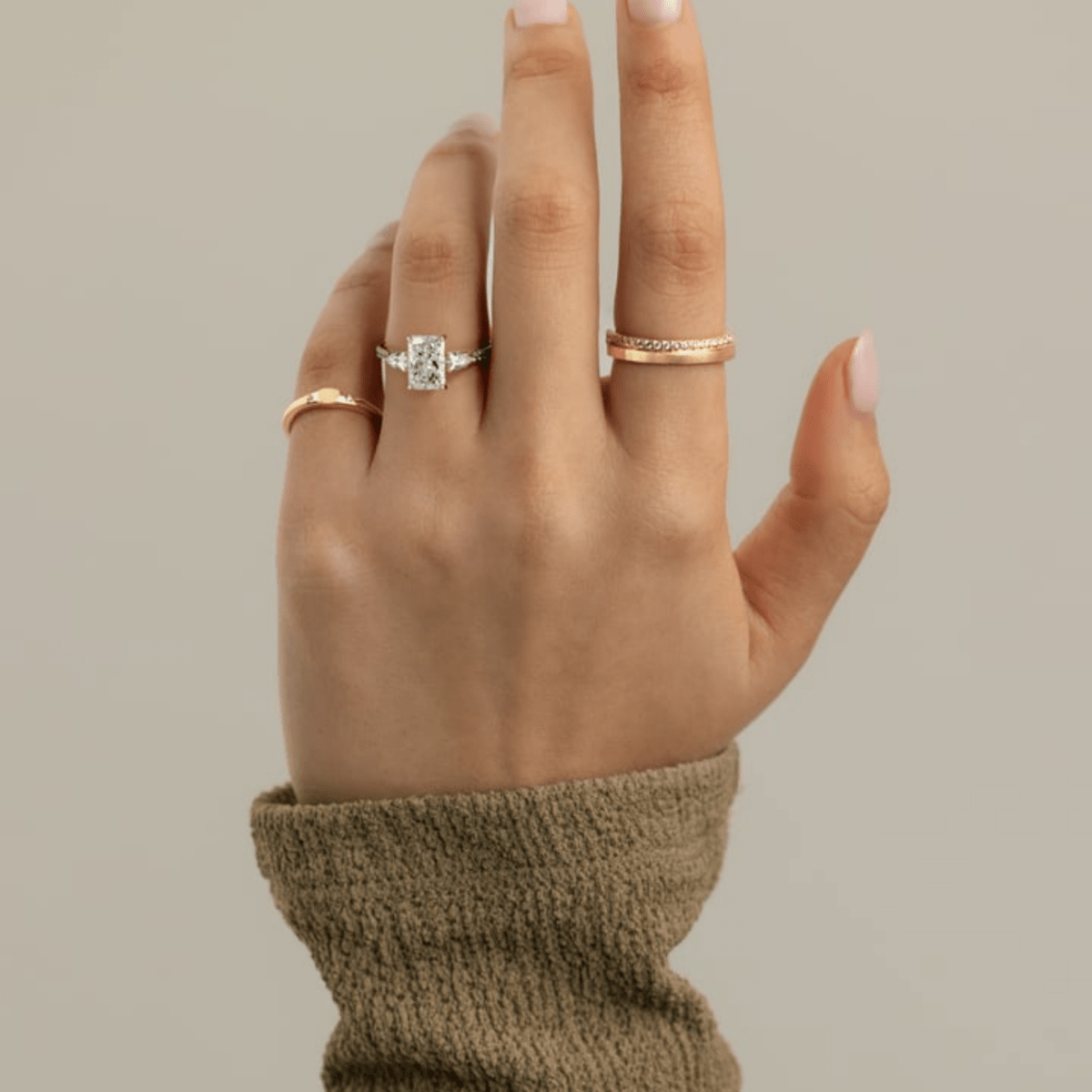 2.5 CT Radiant Three Stone Trilogy Moissanite Engagement Ring with Pear Side Stones & Pavé Band - Kazara Diam