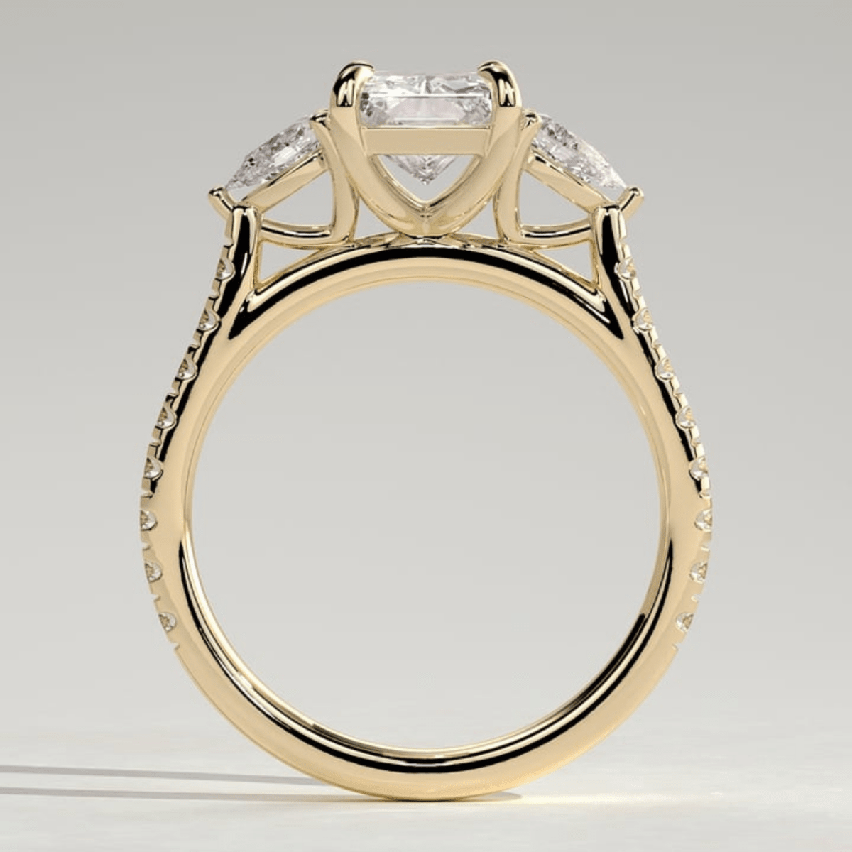 2.5 CT Radiant Three Stone Trilogy Moissanite Engagement Ring with Pear Side Stones & Pavé Band - Kazara Diam