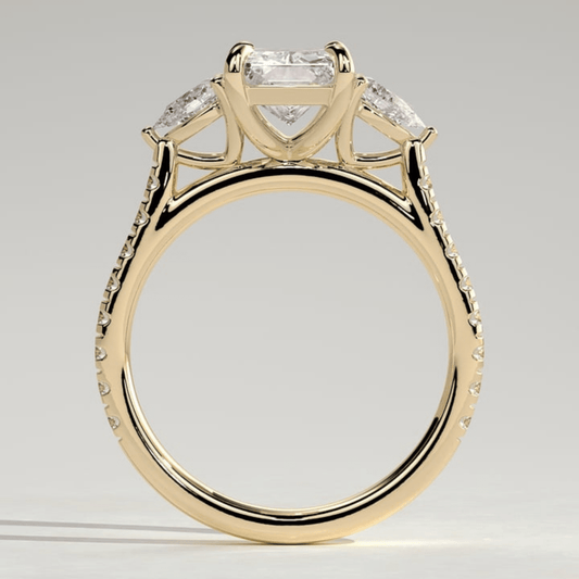 2.5 CT Radiant Three Stone Trilogy Moissanite Engagement Ring with Pear Side Stones & Pavé Band - Kazara Diam