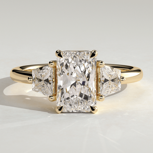 2.50 CT Radiant 4-Claw Trilogy Moissanite Engagement Ring with Trapezoid Side Stones - Kazara Diam