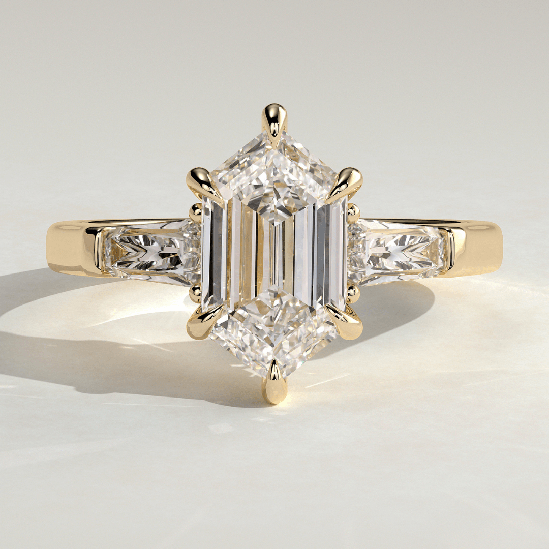 2.5CT Elongated Hexagon 6 Claw Trilogy with Tapered Baguette Side Stones Moissanite Engagement Ring - Kazara Diam