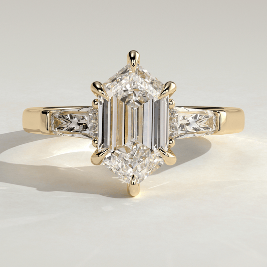 2.5CT Elongated Hexagon 6 Claw Trilogy with Tapered Baguette Side Stones Moissanite Engagement Ring - Kazara Diam
