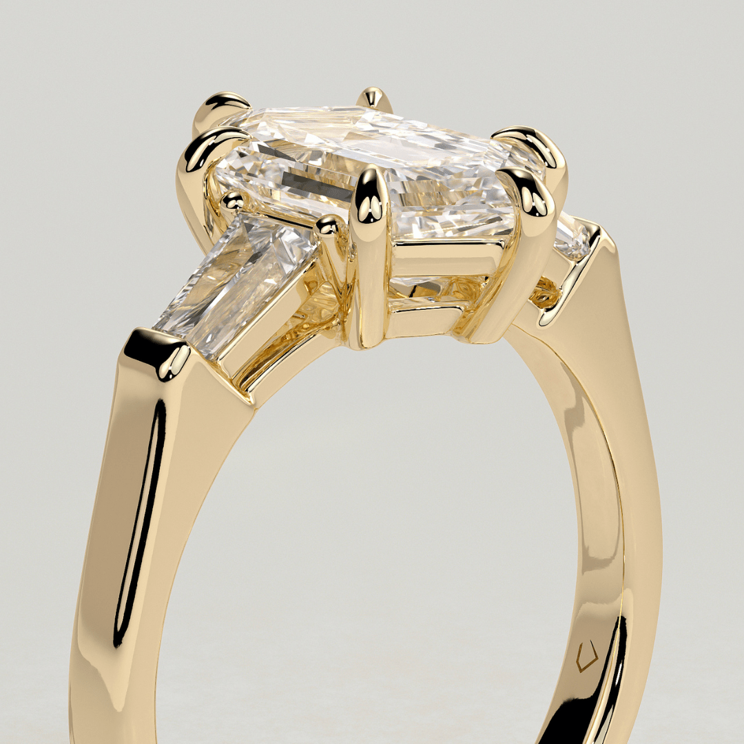 2.5CT Elongated Hexagon 6 Claw Trilogy with Tapered Baguette Side Stones Moissanite Engagement Ring - Kazara Diam