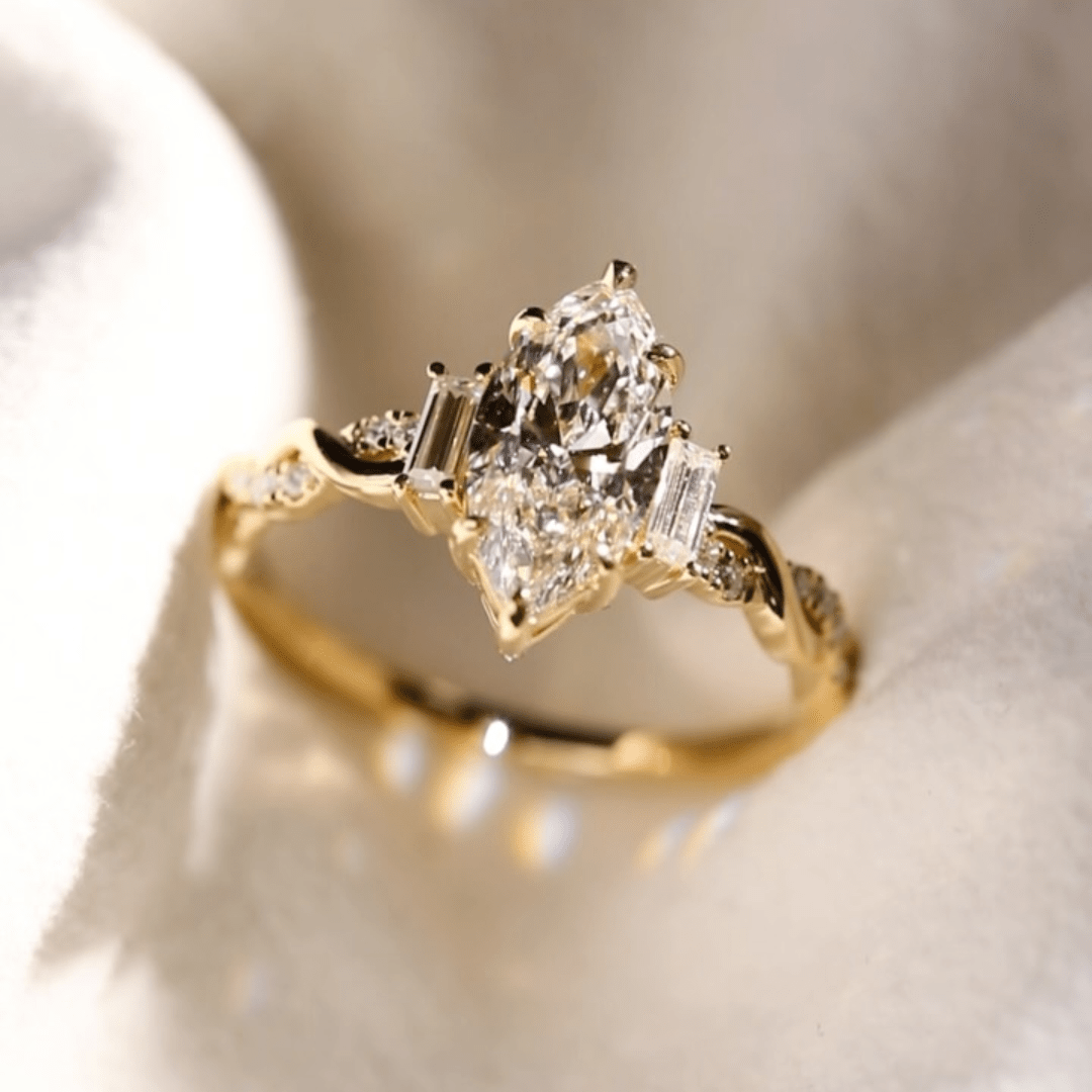2.5CT Marquise Cut Moissanite Engagement Ring with Baguette Side Stones - Kazara Diam