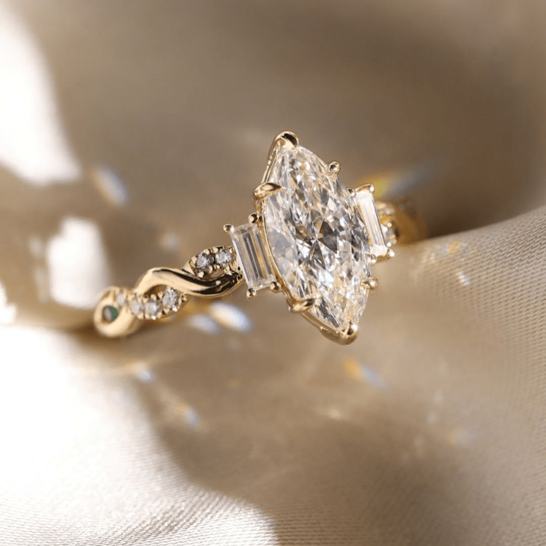 2.5CT Marquise Cut Moissanite Engagement Ring with Baguette Side Stones - Kazara Diam