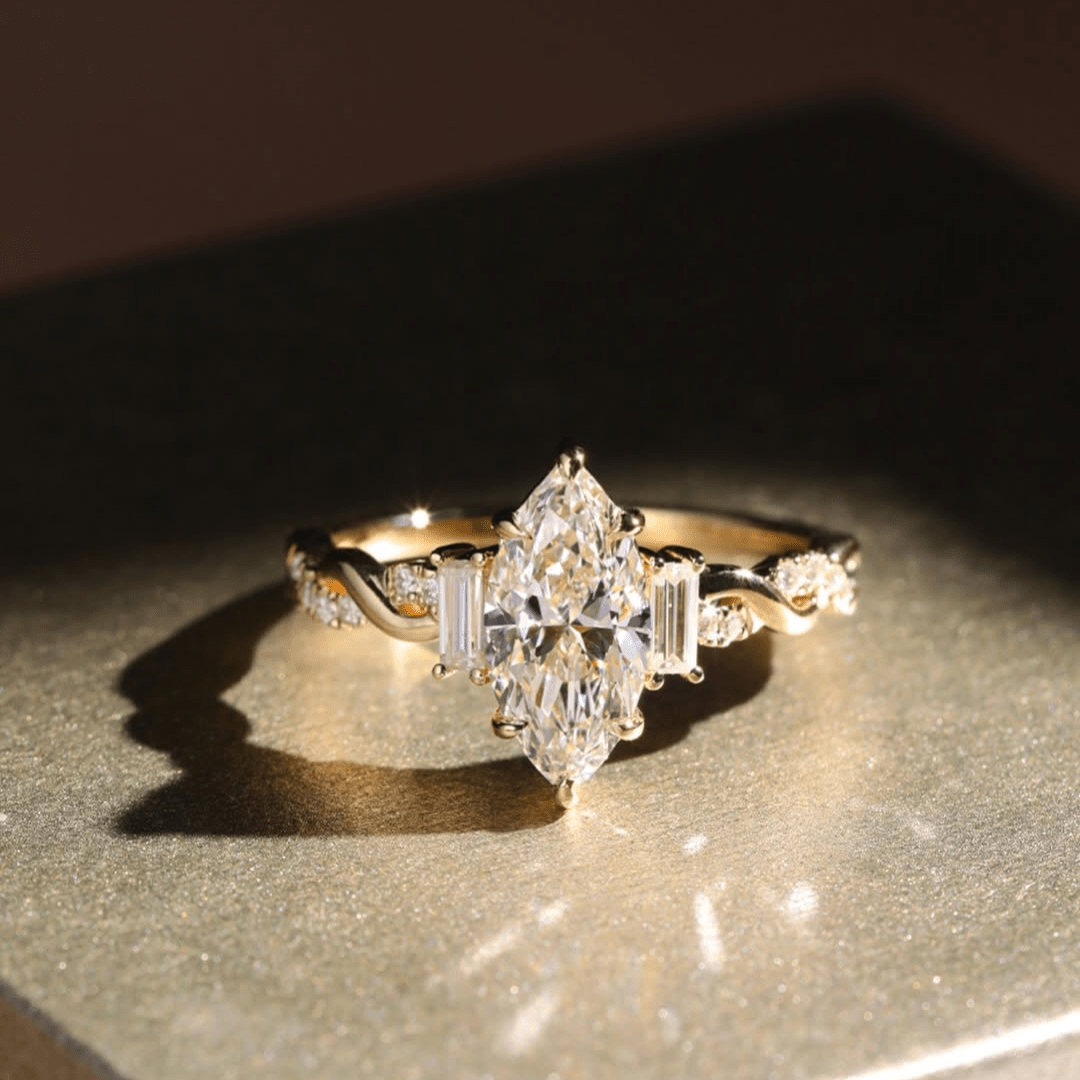 2.5CT Marquise Cut Moissanite Engagement Ring with Baguette Side Stones - Kazara Diam
