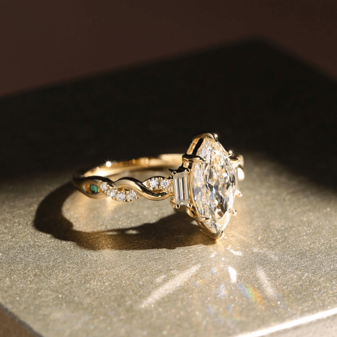 2.5CT Marquise Cut Moissanite Engagement Ring with Baguette Side Stones - Kazara Diam