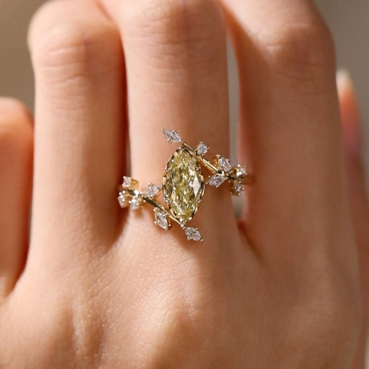 2.5CT Marquise Cut Yellow Moissanite Engagement Ring with Floral Marquise Accents Stone - Kazara Diam
