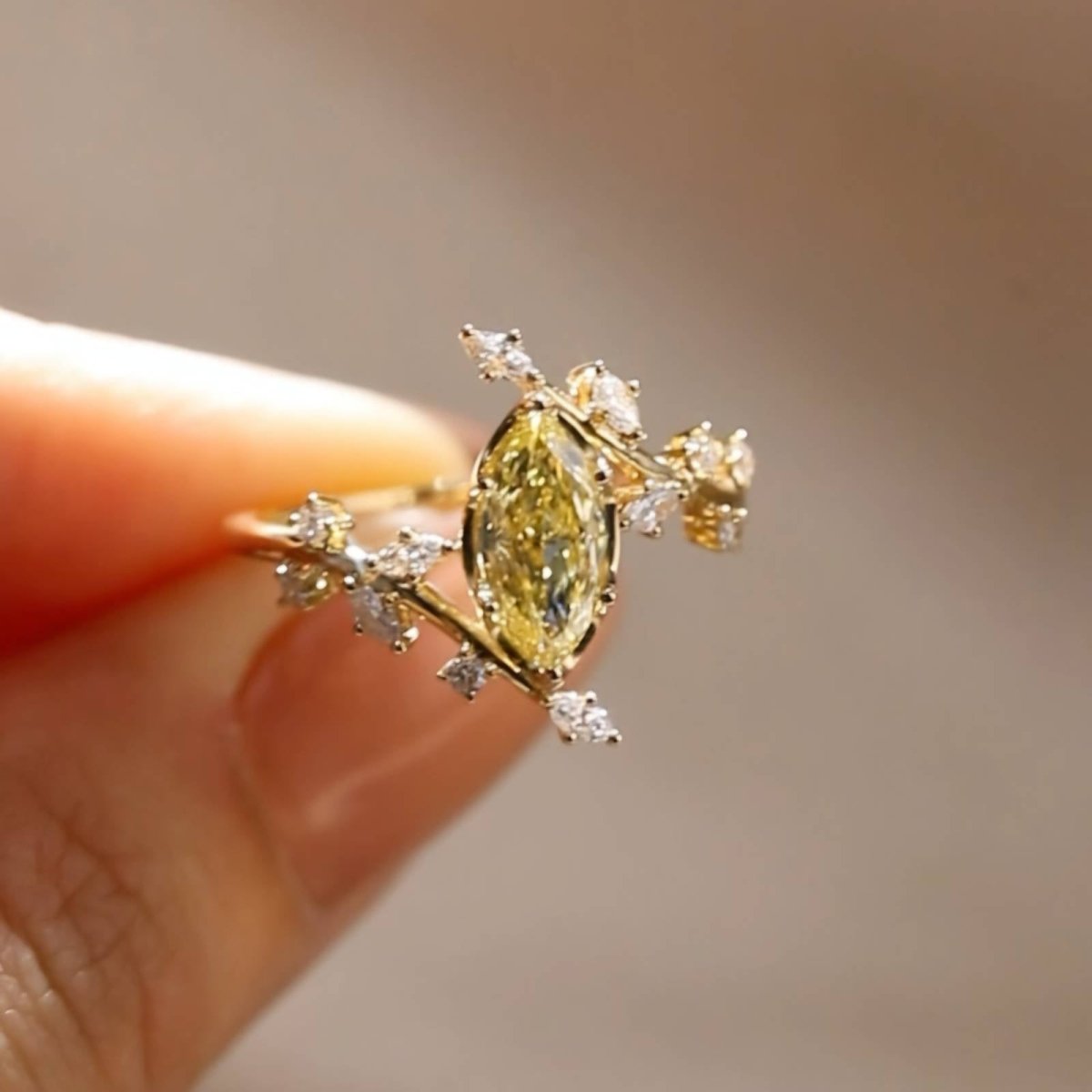 2.5CT Marquise Cut Yellow Moissanite Engagement Ring with Floral Marquise Accents Stone - Kazara Diam