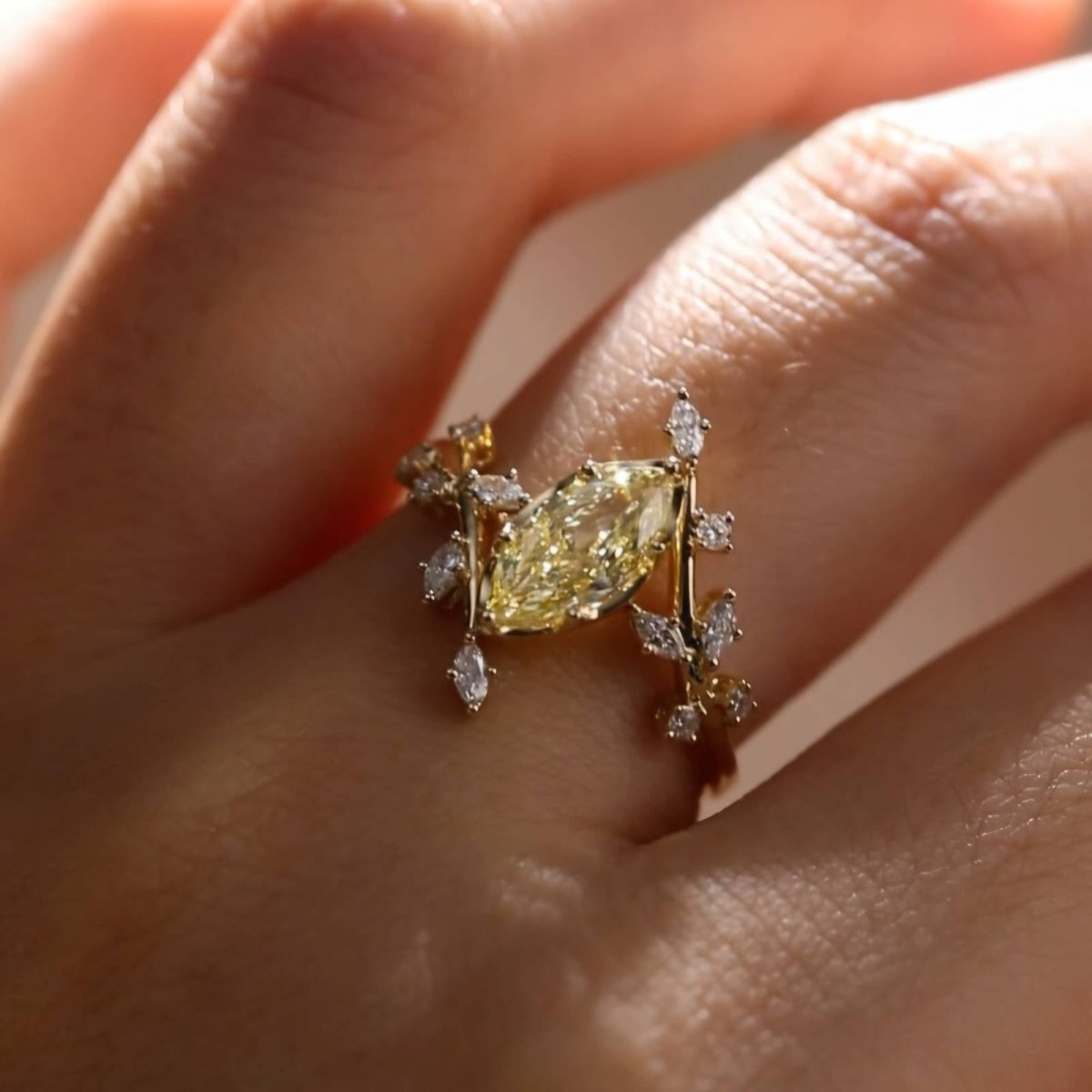 2.5CT Marquise Cut Yellow Moissanite Engagement Ring with Floral Marquise Accents Stone - Kazara Diam