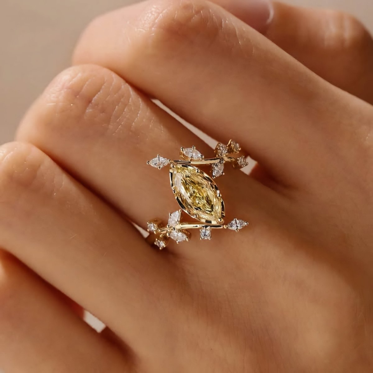 2.5CT Marquise Cut Yellow Moissanite Engagement Ring with Floral Marquise Accents Stone - Kazara Diam