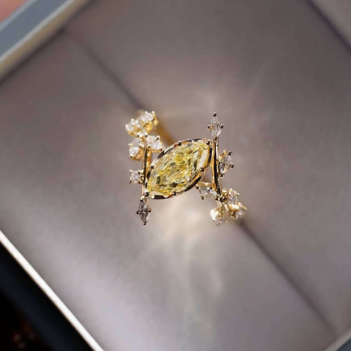 2.5CT Marquise Cut Yellow Moissanite Engagement Ring with Floral Marquise Accents Stone - Kazara Diam