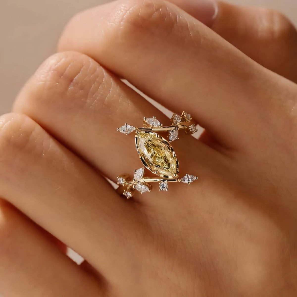2.5CT Marquise Cut Yellow Moissanite Engagement Ring with Floral Marquise Accents Stone - Kazara Diam