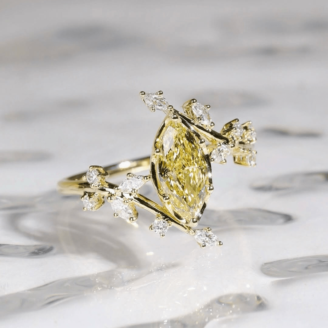 2.5CT Marquise Cut Yellow Moissanite Engagement Ring with Floral Marquise Accents Stone - Kazara Diam
