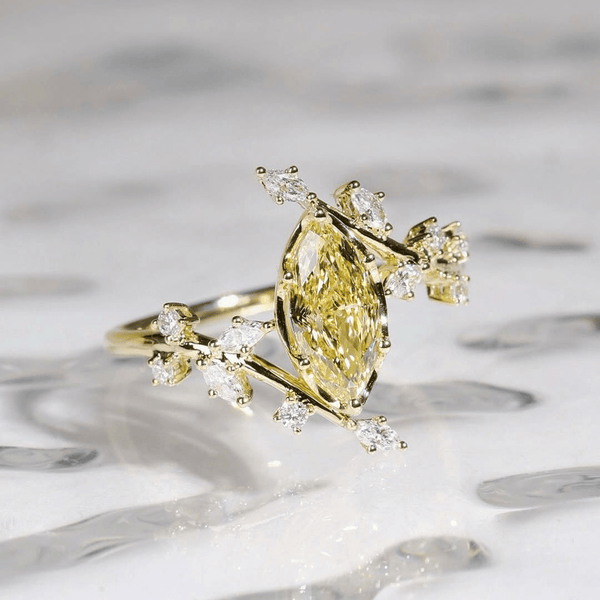 2.5CT Marquise Cut Yellow Moissanite Engagement Ring with Floral Marquise Accents Stone