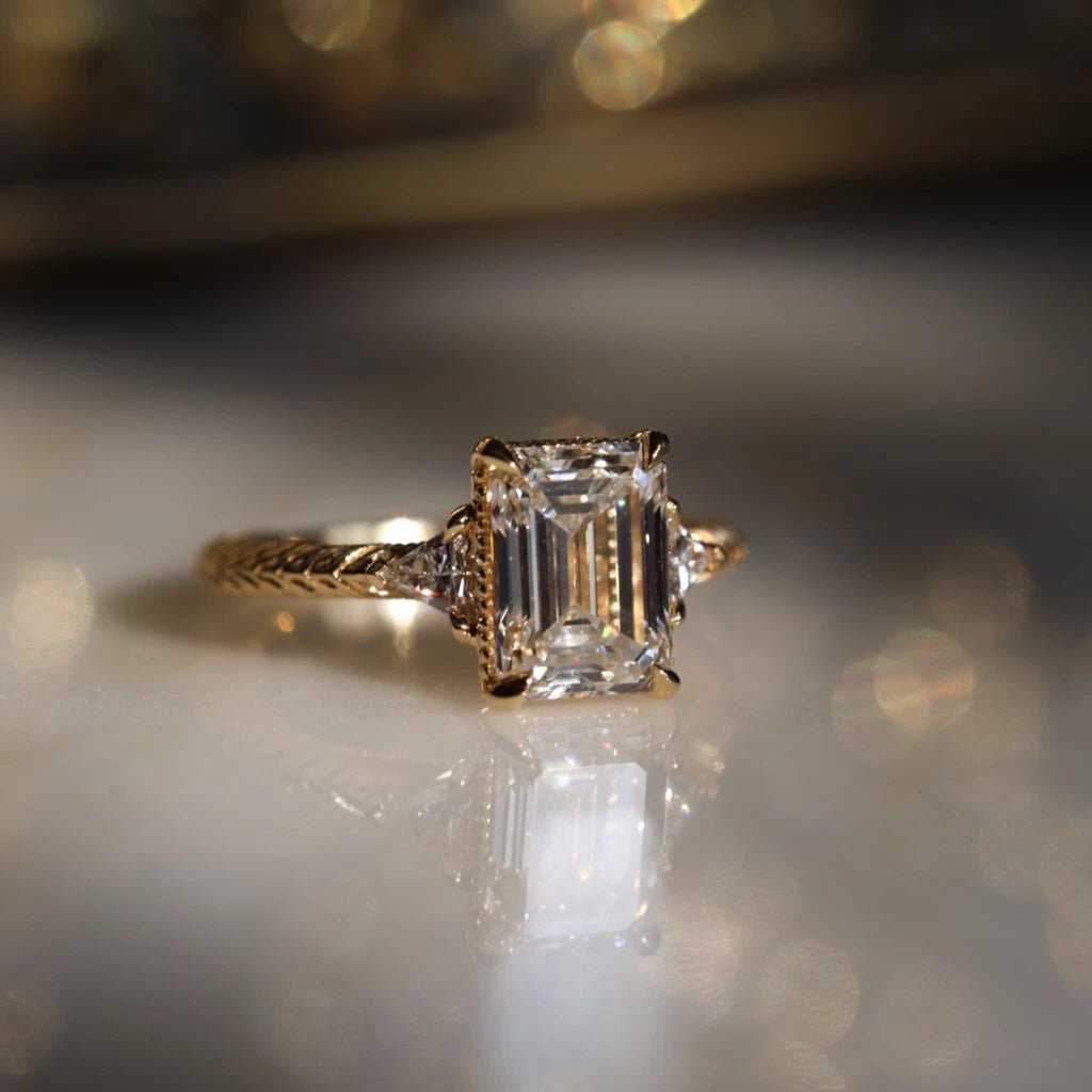 3 CT Emerald Cut Three Stone Moissanite Engagement Wedding Promise Ring - Kazara Diam