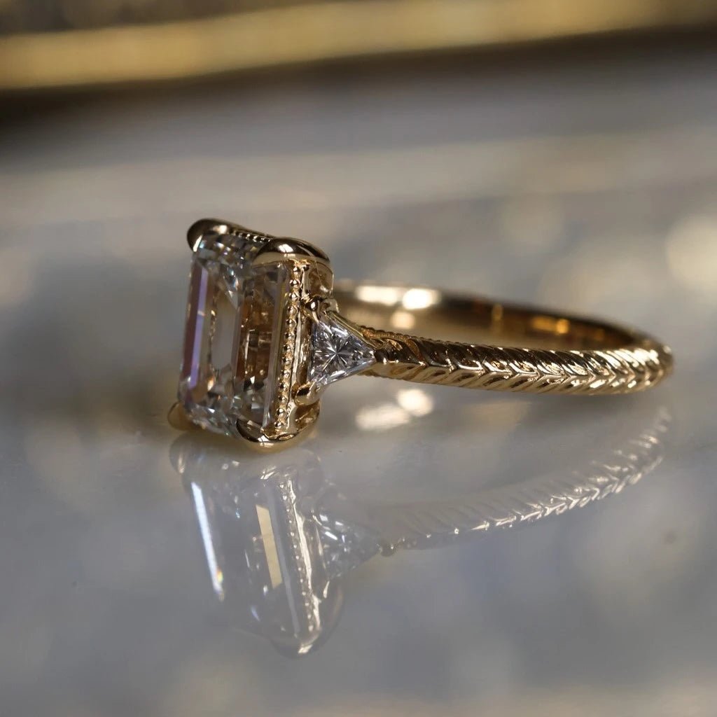 3 CT Emerald Cut Three Stone Moissanite Engagement Wedding Promise Ring - Kazara Diam