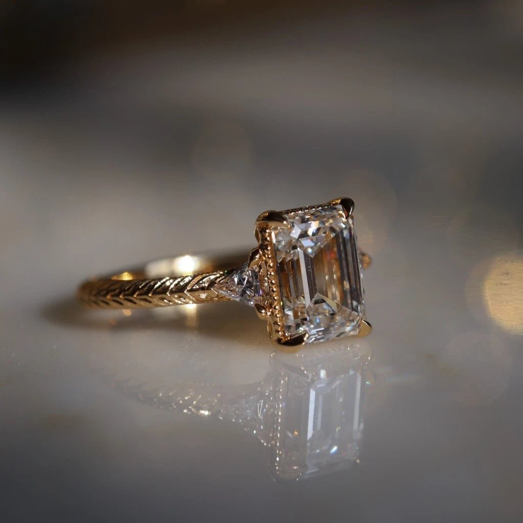 3 CT Emerald Cut Three Stone Moissanite Engagement Wedding Promise Ring - Kazara Diam