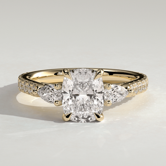 3CT Elongated Cushion 4-Claw Trilogy Moissanite Engagement Ring with Pear Side Stones & Pavé Band - Kazara Diam