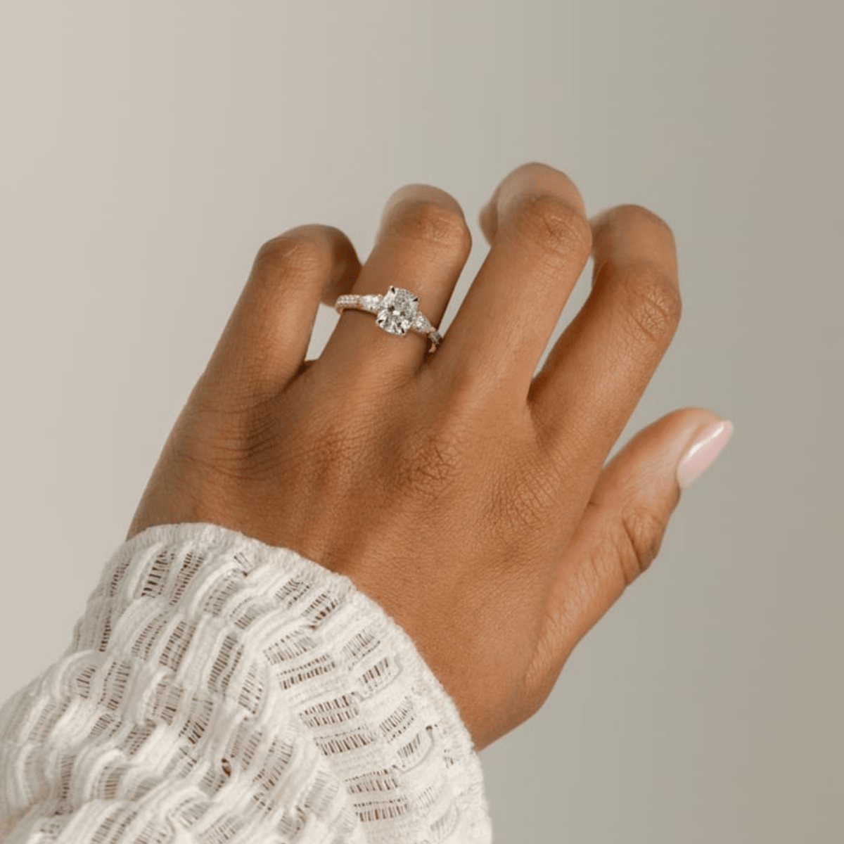3CT Elongated Cushion 4-Claw Trilogy Moissanite Engagement Ring with Pear Side Stones & Pavé Band - Kazara Diam