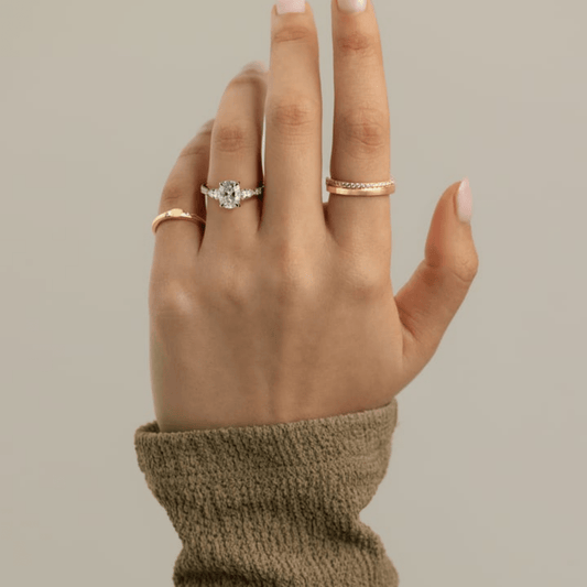 3CT Elongated Cushion 4-Claw Trilogy Moissanite Engagement Ring with Pear Side Stones & Pavé Band - Kazara Diam