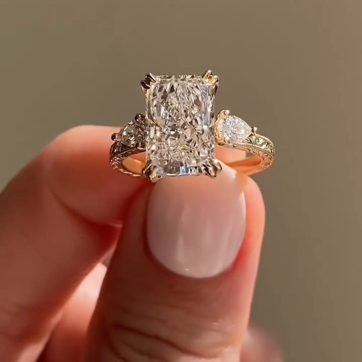 4 CT Radiant Cut Three Stone Side Pear Moissanite Engagement Wedding Anniversary Ring - Kazara Diam