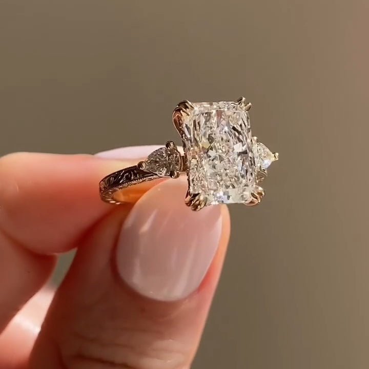 4 CT Radiant Cut Three Stone Side Pear Moissanite Engagement Wedding Anniversary Ring - Kazara Diam