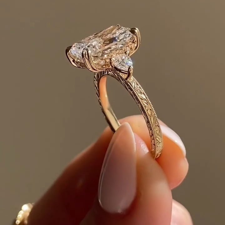 4 CT Radiant Cut Three Stone Side Pear Moissanite Engagement Wedding Anniversary Ring - Kazara Diam