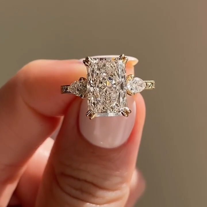 4 CT Radiant Cut Three Stone Side Pear Moissanite Engagement Wedding Anniversary Ring - Kazara Diam